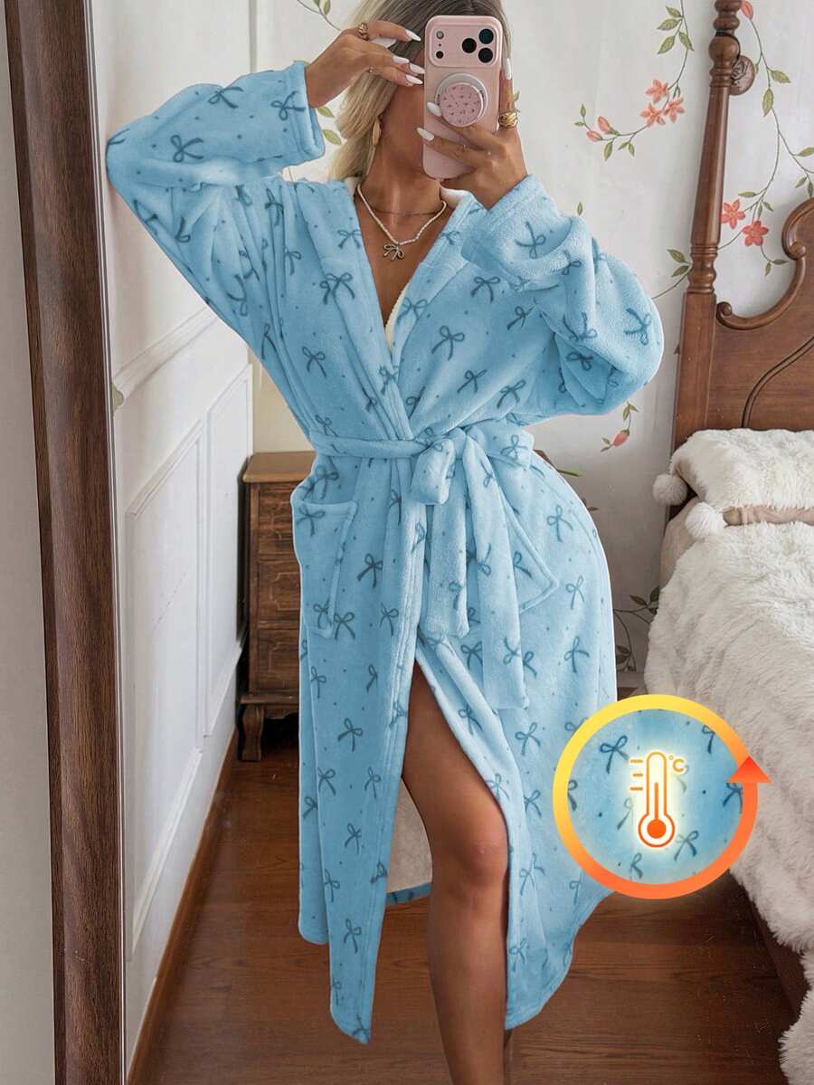 CottageSlumber 女款秋冬 Ins 風可愛蝴蝶結印花毛絨長袖居家睡袍 - 藍色 - 查看 1
