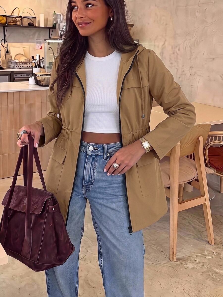 SHEIN LUNE Women's Solid Color Hooded Zipper Pocket Waist Cinched Mid-Length Coat In Fall/Winter