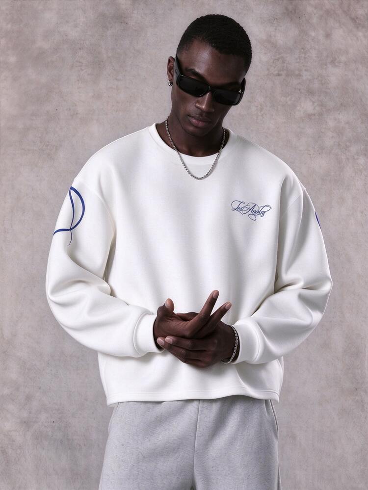 STYNVO Men's Letter Print Crew Neck Long Sleeve Casual Pullover Sweatshirt - White - View 2