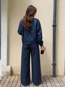 SHEIN 青少年女孩深藍色牛仔寬鬆翻領半扣長袖上衣與長褲2件套 - 藍色 - 查看 6
