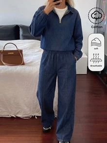 SHEIN 青少年女孩深藍色牛仔寬鬆翻領半扣長袖上衣與長褲2件套 - 藍色 - 查看 4
