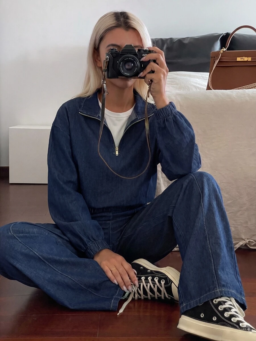 SHEIN Teen Girls Deep Blue Denim Loose Lapel Half-Button Long Sleeve Top & Pants 2pcs Set - Blue - View 1