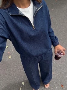SHEIN 青少年女孩深藍色牛仔寬鬆翻領半扣長袖上衣與長褲2件套 - 藍色 - 查看 2