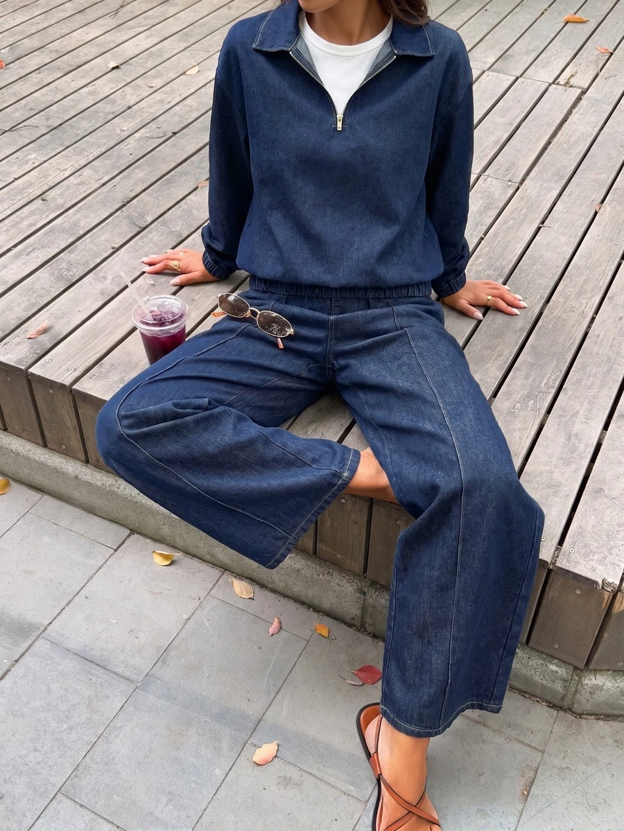 SHEIN 青少年女孩深藍色牛仔寬鬆翻領半扣長袖上衣與長褲2件套 - 藍色 - 查看 1
