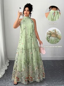 Elenzga 大码女士优雅薄荷绿刺绣无袖连衣裙，精致雪纺波西米亚风度假仙女裙 - 薄荷綠 - 查看 2