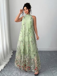 Elenzga 大码女士优雅薄荷绿刺绣无袖连衣裙，精致雪纺波西米亚风度假仙女裙 - 薄荷綠 - 查看 8