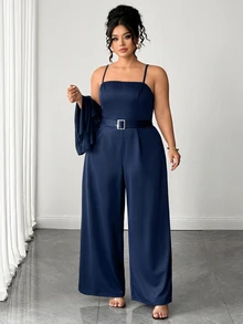Elenzga Jumpsuit Jubah Chiffon Biru Tua Ukuran Besar untuk Wanita, - Navy Blue - View 5