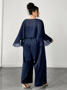 Elenzga Jumpsuit Jubah Chiffon Biru Tua Ukuran Besar untuk Wanita, - Navy Blue - View 6
