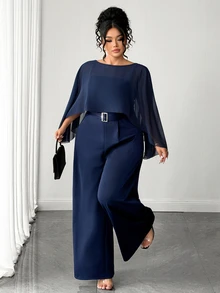 Elenzga Jumpsuit Jubah Chiffon Biru Tua Ukuran Besar untuk Wanita, - Navy Blue - View 7