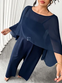 Elenzga Jumpsuit Jubah Chiffon Biru Tua Ukuran Besar untuk Wanita, - Navy Blue - View 10