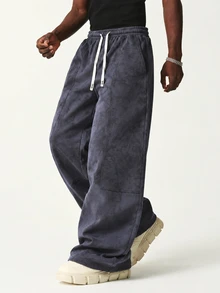 Manfinity Roghcode Men's Dark Gray Winter Street Style Loose Wide Leg Sweatpants, Washed Cotton Streetwear Joggers, Suitable For Urban Casual Wear, Minimalist Distressed Loose Fit Sweatpants, Goth - Dark Grey - View 1