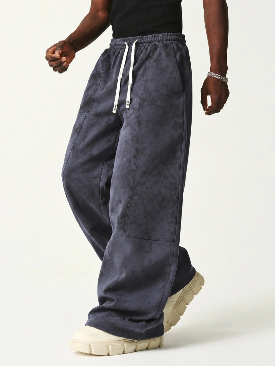 Manfinity Roghcode Men's Dark Gray Winter Street Style Loose Wide Leg Sweatpants, Washed Cotton Streetwear Joggers, Suitable For Urban Casual Wear, Minimalist Distressed Loose Fit Sweatpants, Goth - Dark Grey - View 1