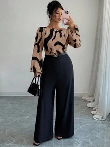 Elenzga Women's Printed Patchwork Waist Wide Leg Jumpsuit, Elegant Silhouette For Daily Commute And Versatile Wear Fall - Coffee Brown - View 8