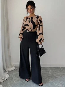 Elenzga Women's Printed Patchwork Waist Wide Leg Jumpsuit, Elegant Silhouette For Daily Commute And Versatile Wear Fall - Coffee Brown - View 5