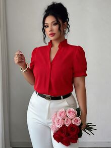 Elenzga Plus Size Elegant Solid Color Turndown Collar Blouse For Commuting - Red - View 6