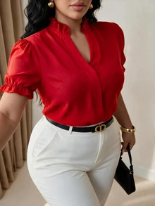 Elenzga Plus Size Elegant Solid Color Turndown Collar Blouse For Commuting - Red - View 1