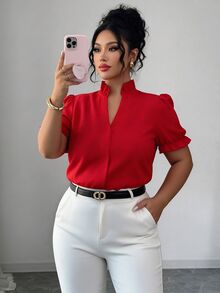 Elenzga Plus Size Elegant Solid Color Turndown Collar Blouse For Commuting - Red - View 4