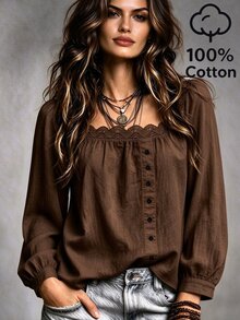 SHEIN Women's 100% Cotton Lace Collar Button-Front Long Sleeve Blouse - Coffee Brown - View 3
