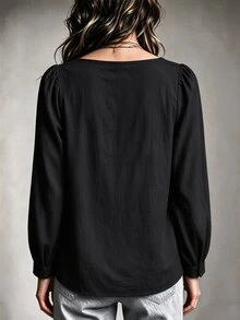 SHEIN Women's 100% Cotton Lace Collar Button-Down Long Sleeve Blouse - Black - View 2