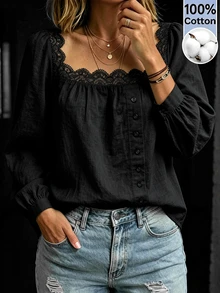 SHEIN Women's 100% Cotton Lace Collar Button-Down Long Sleeve Blouse - Black - View 4