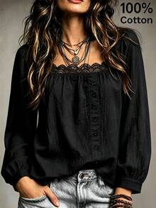 SHEIN Women's 100% Cotton Lace Collar Button-Down Long Sleeve Blouse - Black - View 1