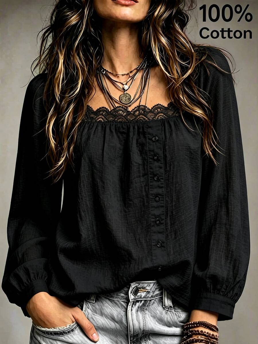 SHEIN Women's 100% Cotton Lace Collar Button-Down Long Sleeve Blouse - Black - View 1