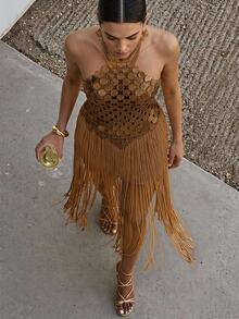 Anewsta Women's Sequin Fashion Versatile Date & Travel Halter Top - Coffee Brown - View 3