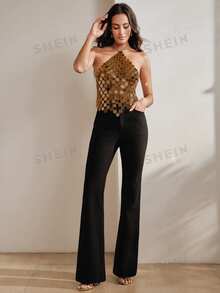 Anewsta Women's Sequin Fashion Versatile Date & Travel Halter Top - Coffee Brown - View 4