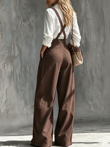 LUMIGAL Women's Autumn/Winter New Casual Vintage Button-Front Suspenders Long Pants - Brown - View 2