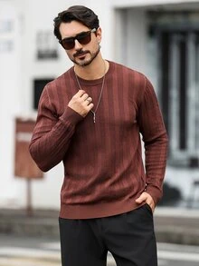 Manfinity CasualKnits 男士秋冬圓領長袖休閒百搭毛衣，中性風格，情侶穿搭，辦公通勤秋季，最佳節日禮物 - 彩色 - 查看 6