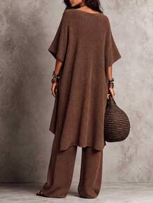 LUMIGAL Women's 2 Pieces Elegant Asymmetric Single-Breasted Long Top And Wide-Leg Pants Set - Coffee Brown - View 3