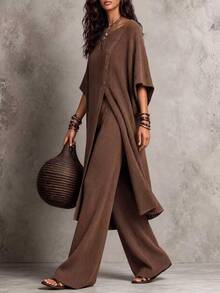 LUMIGAL Women's 2 Pieces Elegant Asymmetric Single-Breasted Long Top And Wide-Leg Pants Set - Coffee Brown - View 6