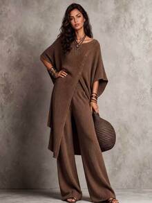 LUMIGAL Women's 2 Pieces Elegant Asymmetric Single-Breasted Long Top And Wide-Leg Pants Set - Coffee Brown - View 7
