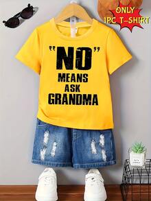 Young Boy Casual Simple English Slogan Printed Short Sleeve T-Shirt Summer Holiday - Yellow - View 3