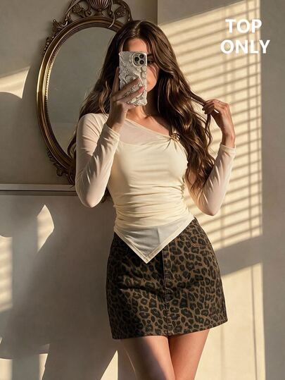SHEIN MOD Camiseta de manga larga con dobladillo asimétrico y decoración de botones metálicos para mujer, para salir de noche, cumpleaños, color crema blanco, otoño, sexy