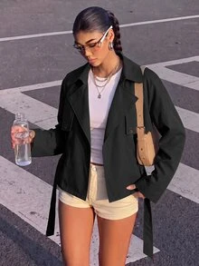 SHEIN Girlism 青少年女孩秋季寬鬆休閒極簡舒適收腰優雅短版時尚冬季外套，適合日常優雅通勤穿著 - 黑色 - 查看 6