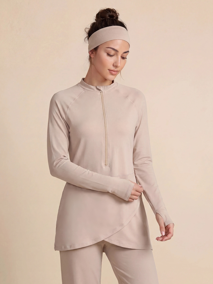 With My Calm With My Calm Atasan Wanita Premium untuk Musim Semi/Panas/Musim Panas/Musim Gugur, Model Baru, Ramping, Kerah Tinggi, Resleting Setengah, Bertekstur, Lengan Panjang, Potongan Longgar, Berkerudung, Tali Serut, Cocok untuk Latihan Lari/Olahraga - Khaki - View 5