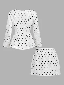 SHEIN MOD 黑白波點方領收腰西裝套裝 辦公室秋季法式優雅風 - 黑與白 - 查看 3