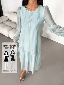 SHEIN PETITE Women's Solid Color Patchwork Petal Sleeve Round Neck Pleated Decor Low Waist Long Dress Everyday Date Sage Green Autumn Modest Elegant,Petite Women - Cadet Blue - View 12