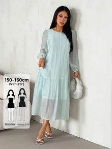 SHEIN PETITE Women's Solid Color Patchwork Petal Sleeve Round Neck Pleated Decor Low Waist Long Dress Everyday Date Sage Green Autumn Modest Elegant,Petite Women - Cadet Blue - View 11