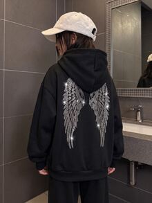 SHEIN 青少年女孩 3 件套秋季寬鬆套裝，拉鍊連帽外套背面飾有吸睛水鑽翅膀圖案，搭配無袖背心，正式白黑配色 - 黑色 - 查看 3