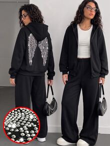 SHEIN 青少年女孩 3 件套秋季寬鬆套裝，拉鍊連帽外套背面飾有吸睛水鑽翅膀圖案，搭配無袖背心，正式白黑配色 - 黑色 - 查看 4
