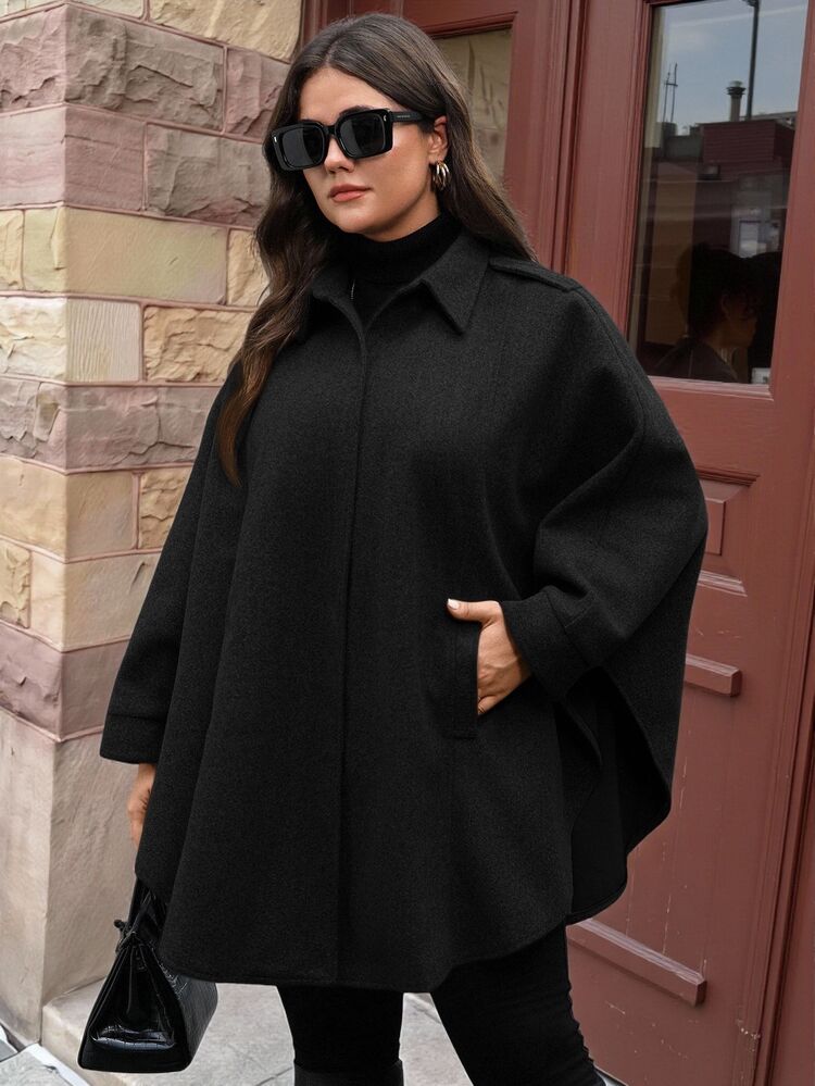 SHEIN CURVE+ Plus Size Women's Black Open Front Batwing Sleeve Loose A-Line Jacket, Casual Style For Autumn/Winter - Black - View 5