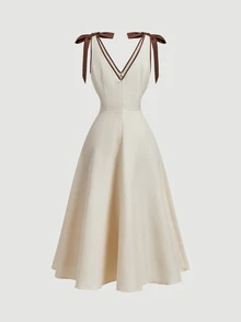 SHEIN MOD Women's Colorblock Casual French Romantic Daily Summer Long Dress Brunch Vacation Beige - Apricot - View 3