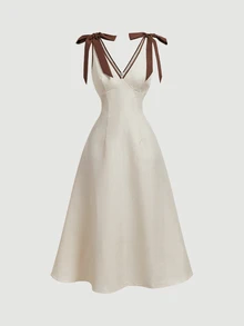 SHEIN MOD Women's Colorblock Casual French Romantic Daily Summer Long Dress Brunch Vacation Beige - Apricot - View 7