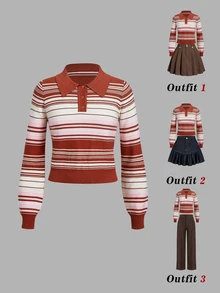 SHEIN MOD 女款條紋長袖休閒毛衣 - 彩色 - 查看 2