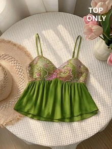 SHEIN MOD 女款性感波西米亞風亮片百褶細肩帶背心上衣 街頭風 早午餐度假 橄欖綠 夏季 - 綠色 - 查看 6