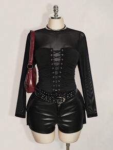 SHEIN ICON Plus Size Vintage Y2K Sexy Mesh Patchwork Long Sleeve Top Fall - Black - View 4