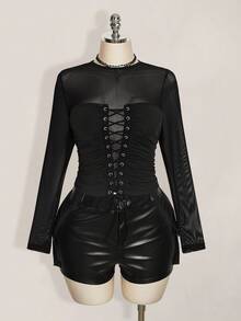 SHEIN ICON Plus Size Vintage Y2K Sexy Mesh Patchwork Long Sleeve Top Fall - Black - View 9