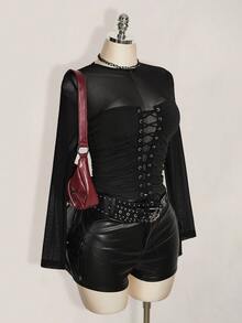 SHEIN ICON Plus Size Vintage Y2K Sexy Mesh Patchwork Long Sleeve Top Fall - Black - View 5
